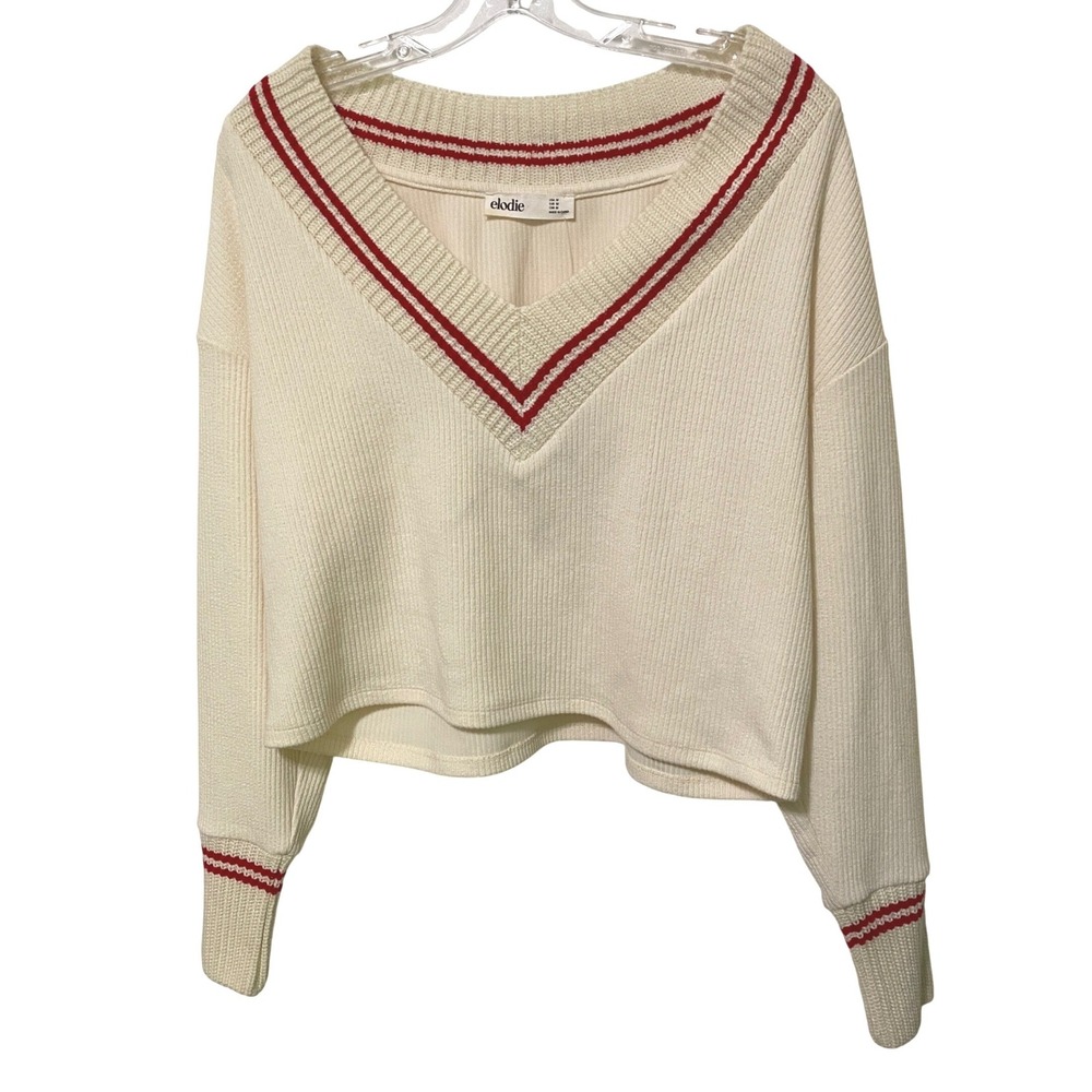 Tennis Core Crop Varsity V-Neck Sweater M Cream Red Stripes Preppy Collegiate - Picture 2 of 8